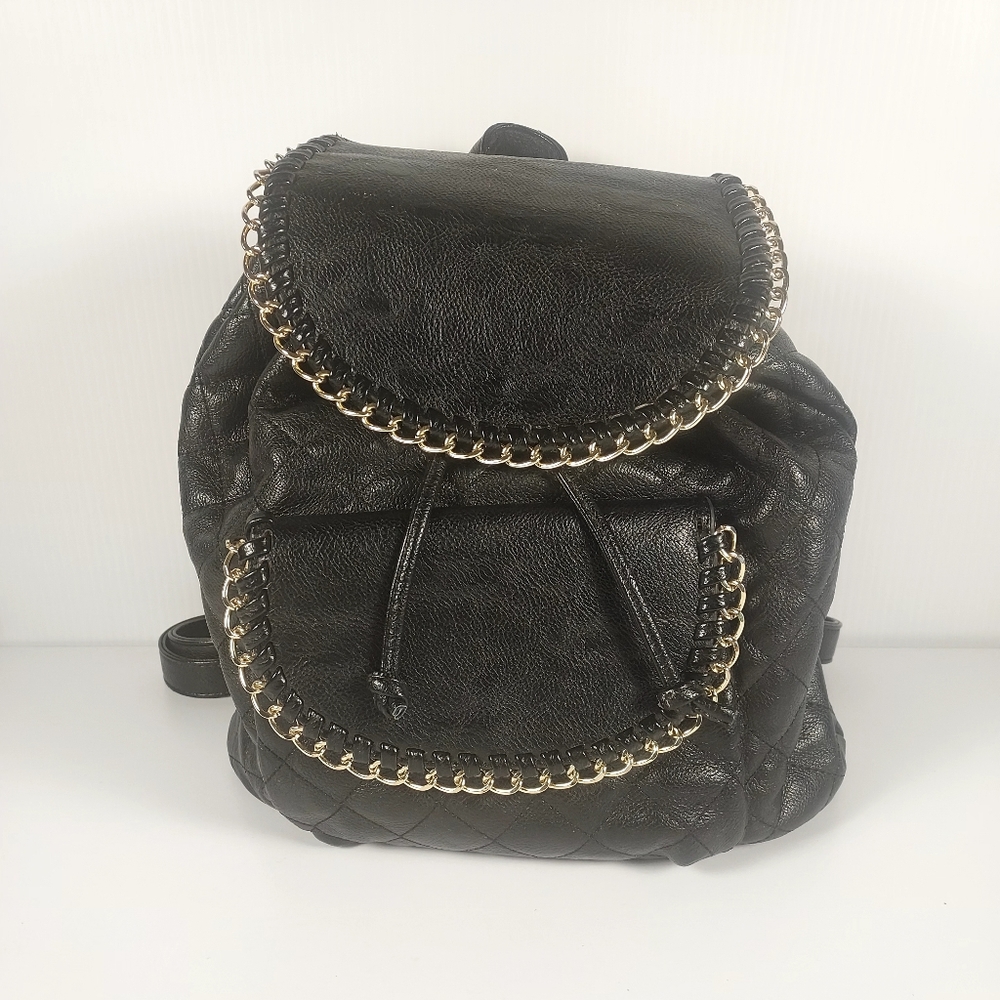 Mix No 6 Faux Leather Elegant Black Gold Tone Quilted Backpack School, College